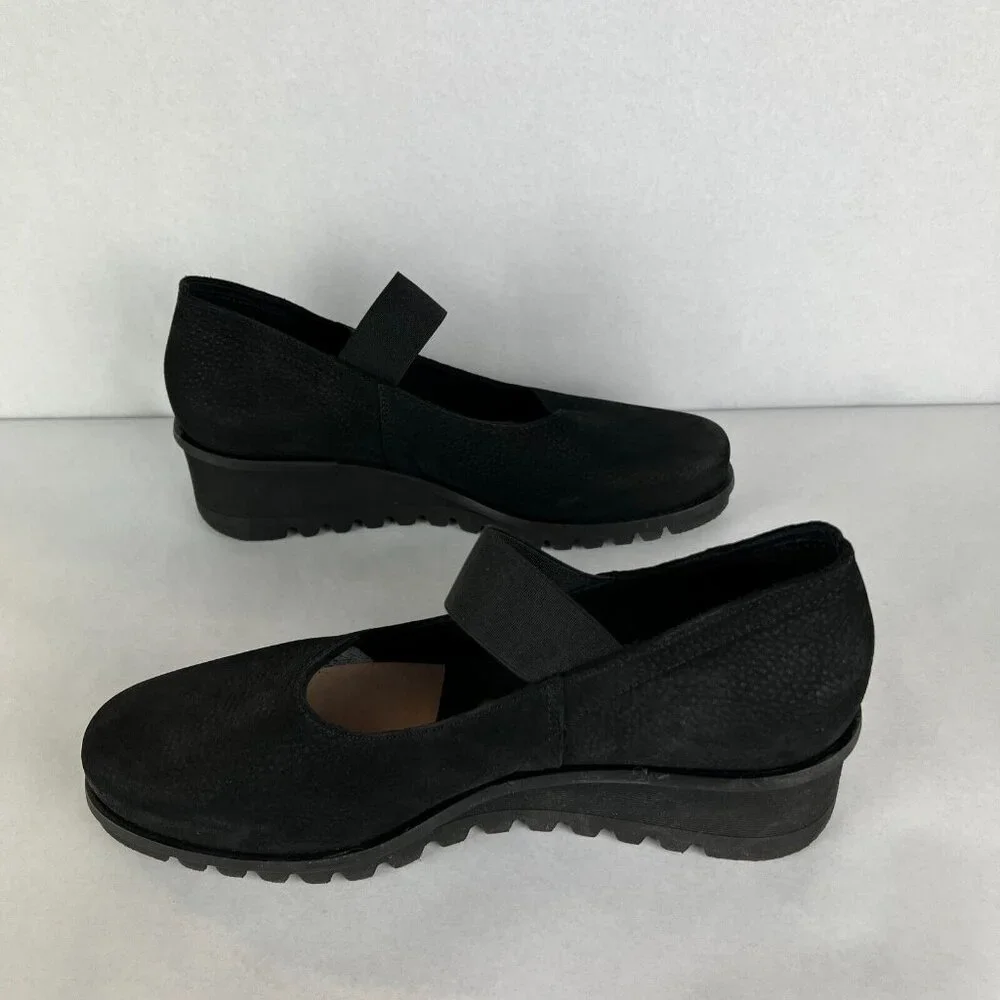 Loints Of Holland Maryjane Shoes Womens 41 9.5 10 Black‎ Wedge Pebbled Leather